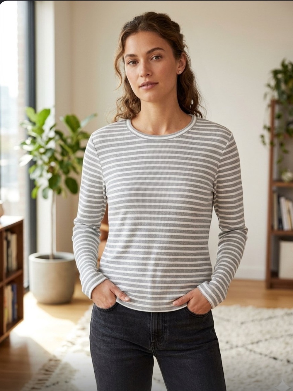 NWT Lou & Grey White and Grey Striped Long Sleeve Tee Women's Medium Petite